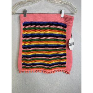Capsule Knit Mini Skirt Tassels Pink & Rainbow Stripe Sz M fun Festival Wear NWT